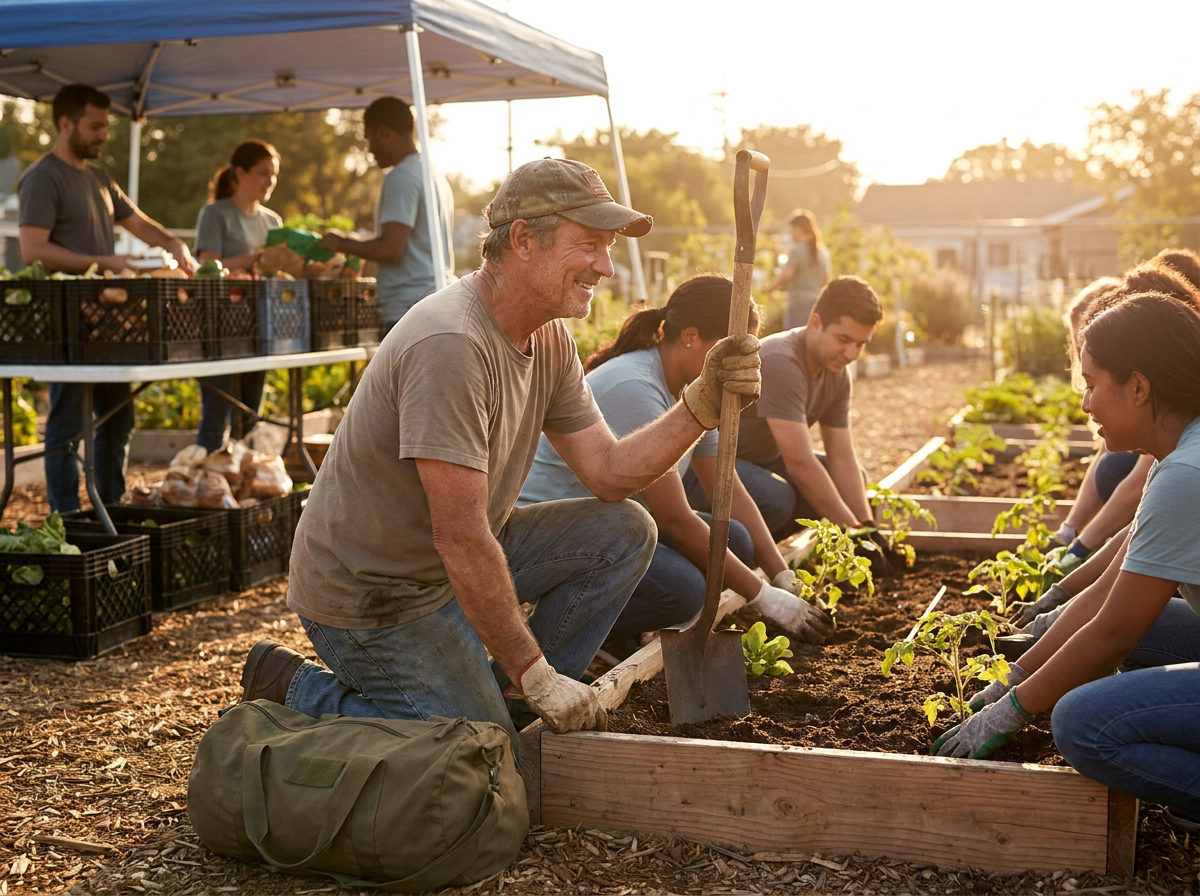 A military veteran in civilian clothes volunteering in a community service setting alongside neighbors