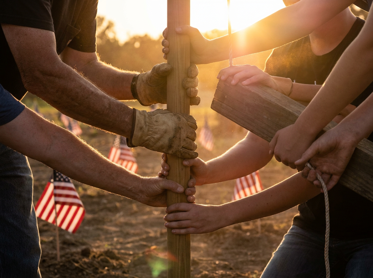Diverse hands of all ages working together in service at golden hour, amber sunlight streaming through