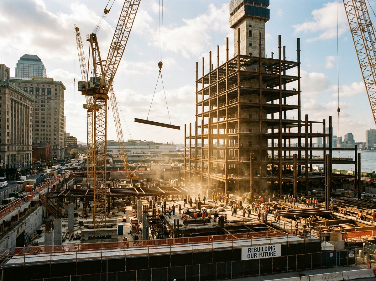 The rebuilding of the World Trade Center site — construction cranes and workers in hard hats raising new steel, the space where the towers stood being rebuilt