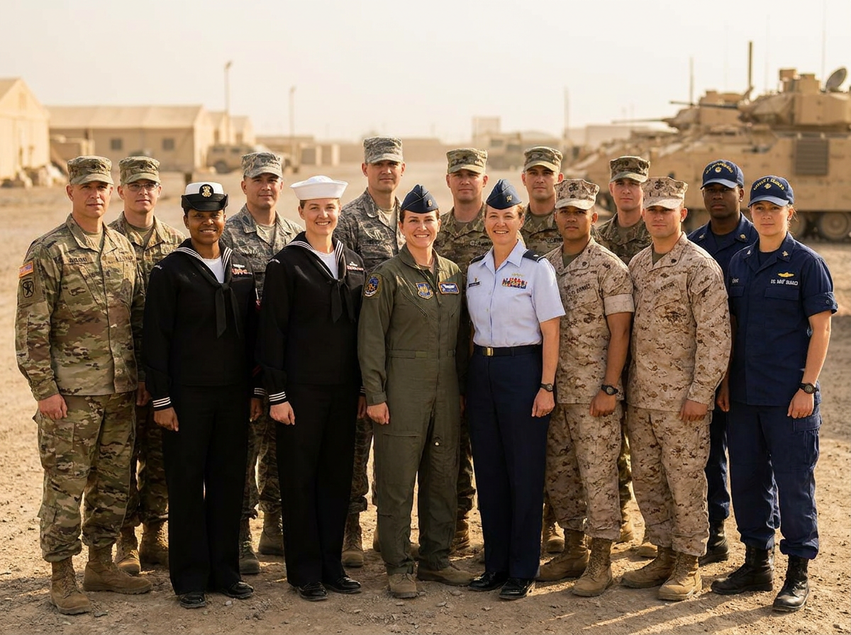 A diverse group of U.S. service members in uniform standing together, drawn from all branches and all quarters of American life
