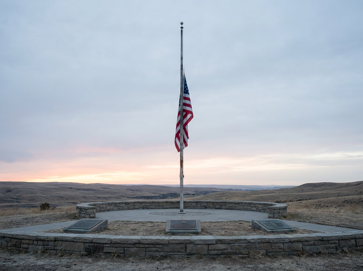 A single solitary American flag on a tall pole at a memorial at dawn, alone in the frame