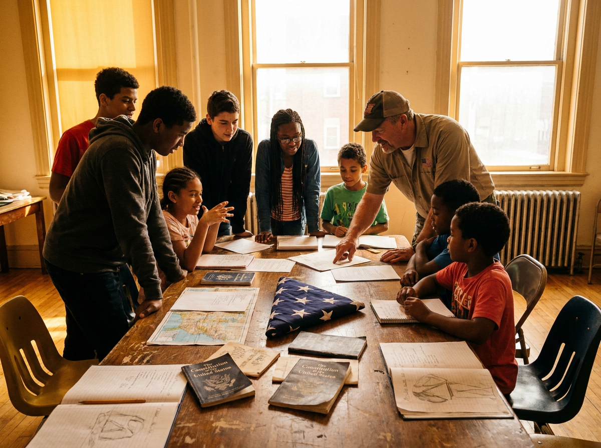 A diverse Youth Council group ages 9 to 18 working together around a table with a veteran mentor, Constitution and American flag visible, planning a service project