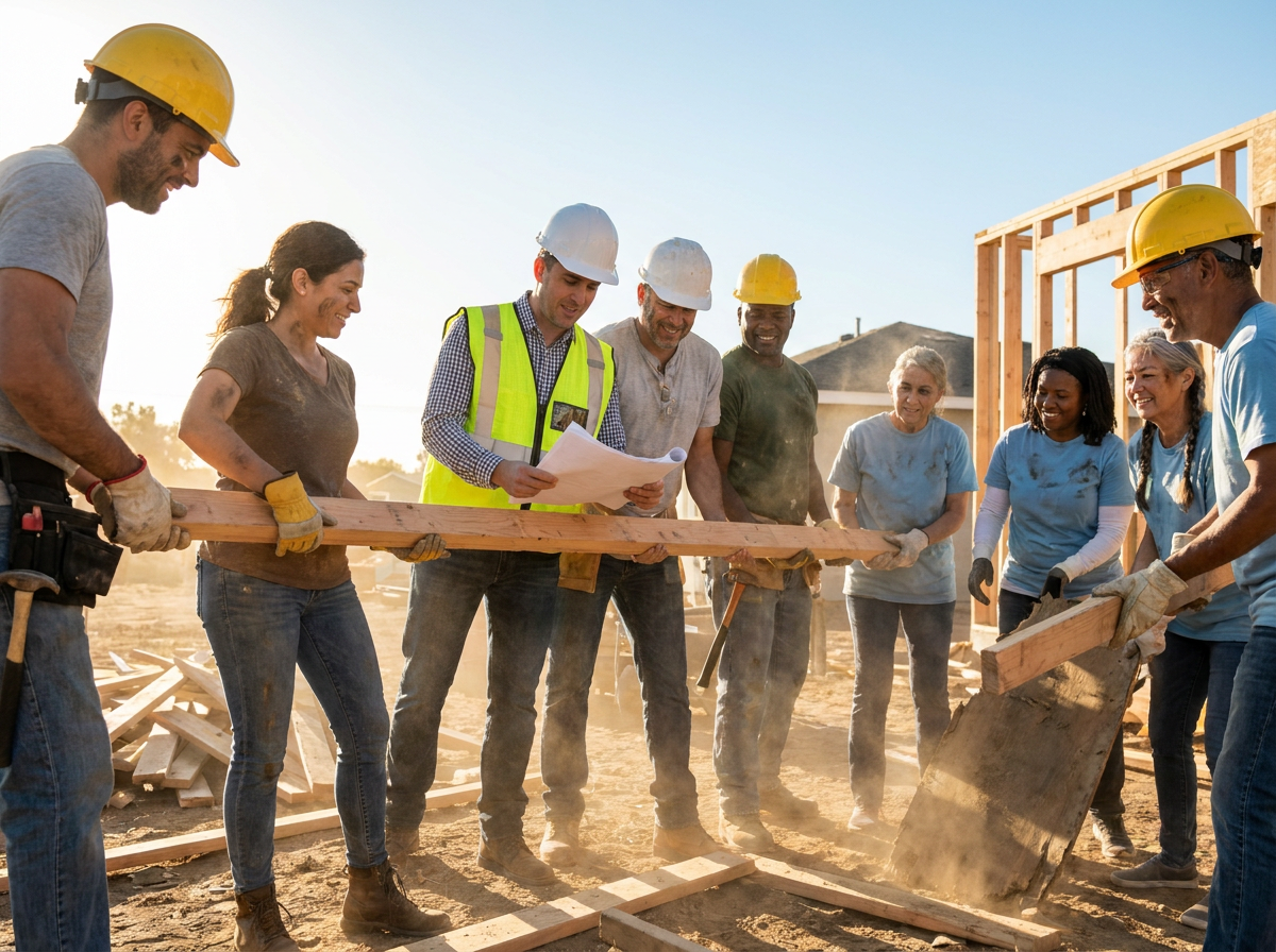 Diverse Americans — construction workers, engineers, and community members of different ages and backgrounds — working together to rebuild