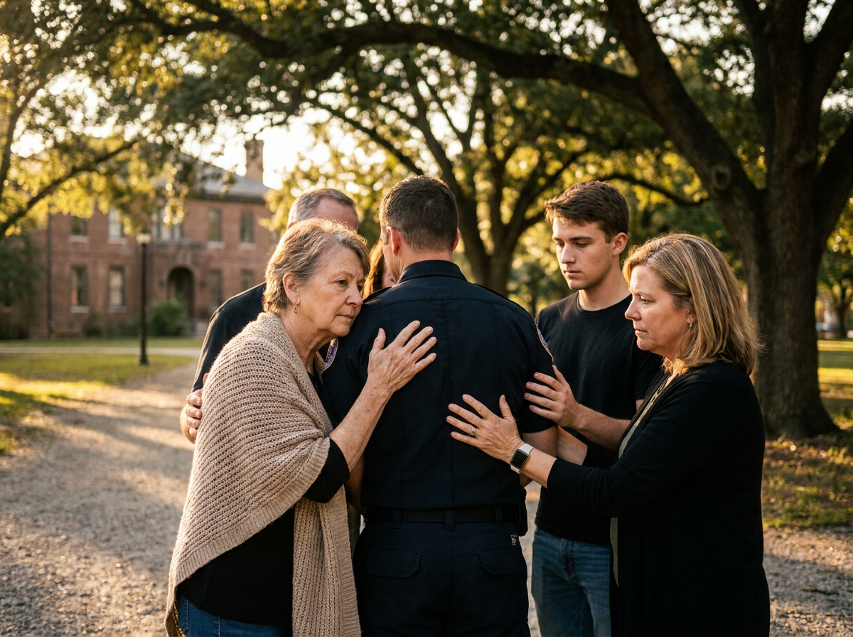A first responder in uniform embraced by community members of different ages and backgrounds, hands on shoulders, quiet compassion