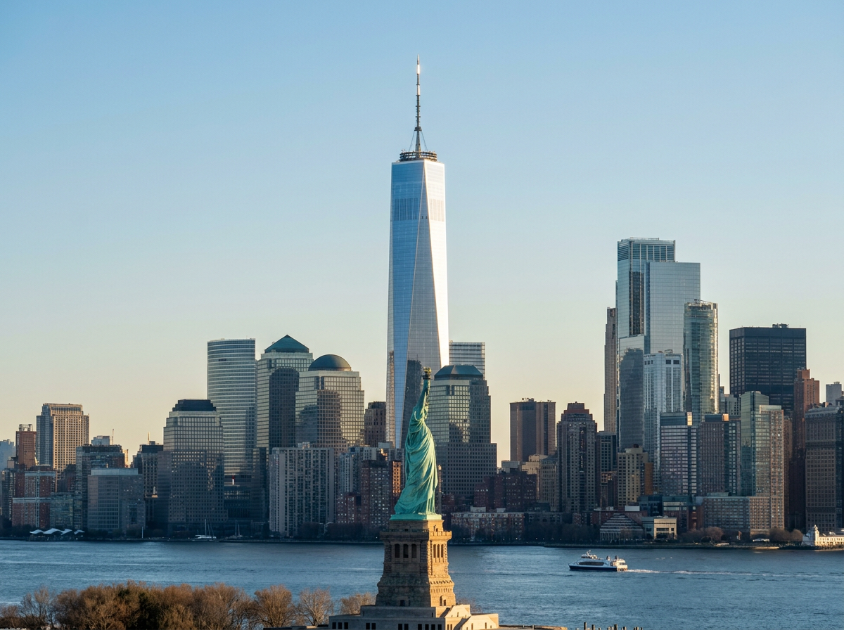 One World Trade Center standing tall and complete in the new lower Manhattan skyline, viewed from the Statue of Liberty and New York harbor