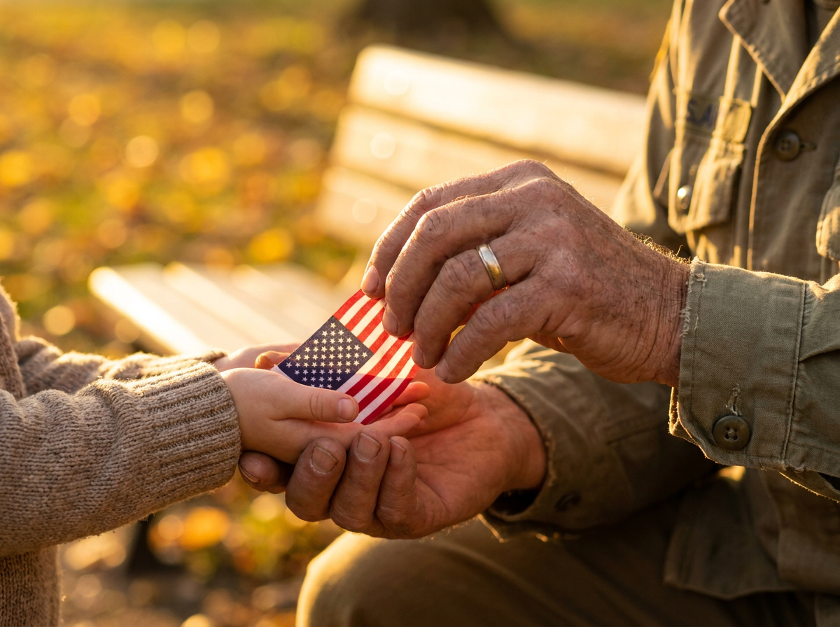 A veteran's weathered hand placing a small American flag into a child's hand, golden light