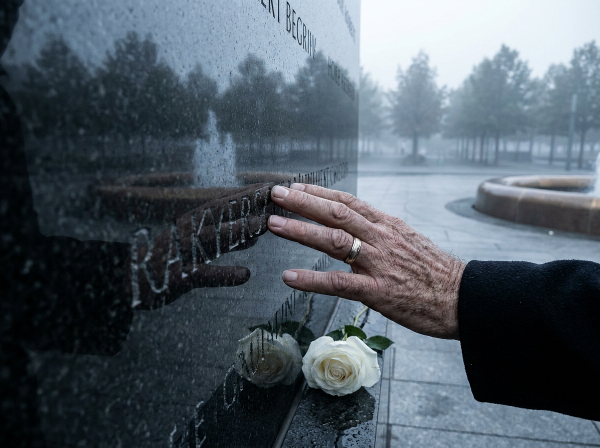 A weathered hand touching a name engraved on a black granite memorial wall, a white rose at its base