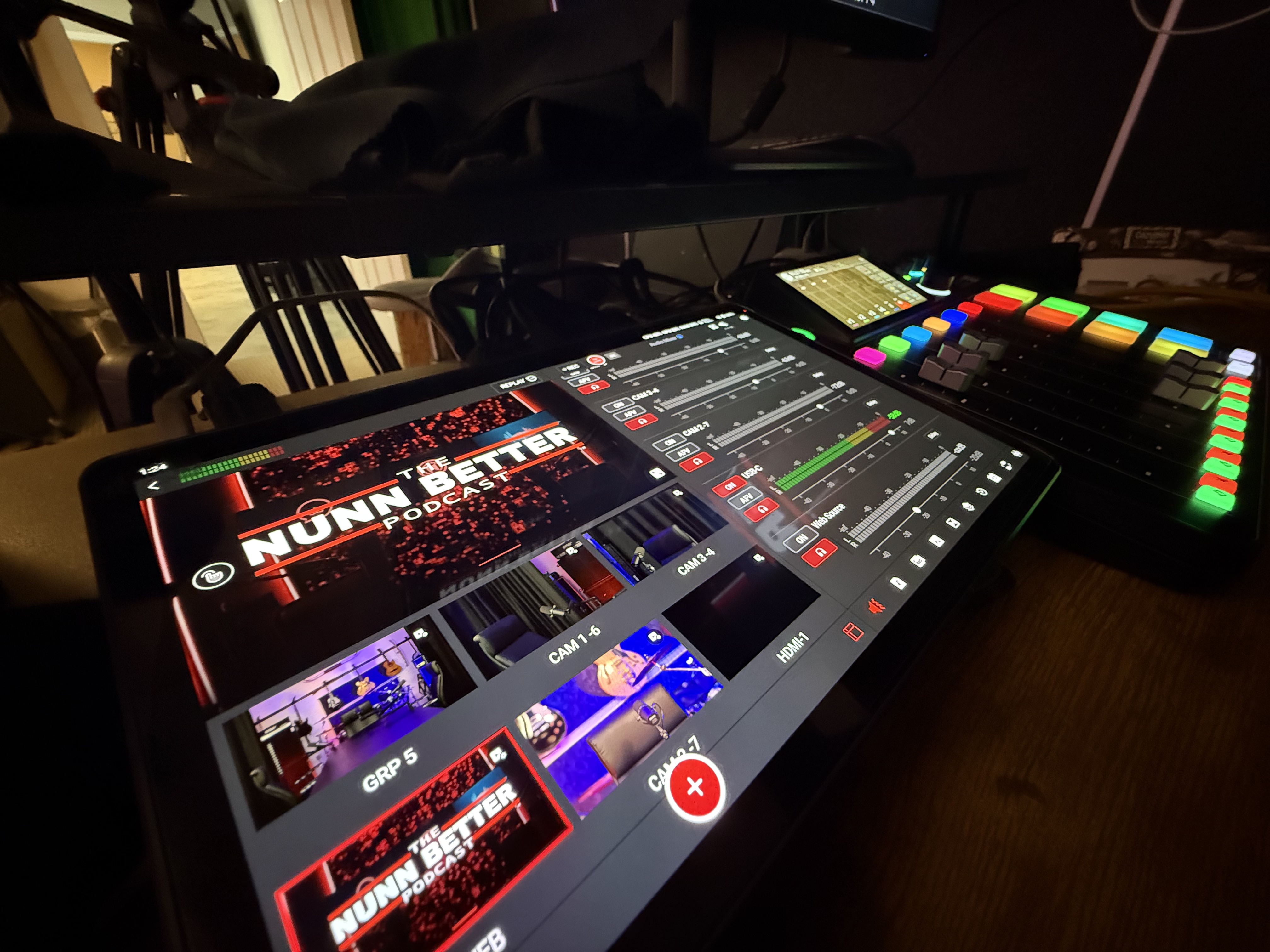 Multi-camera switching and production control setup for live podcast recording