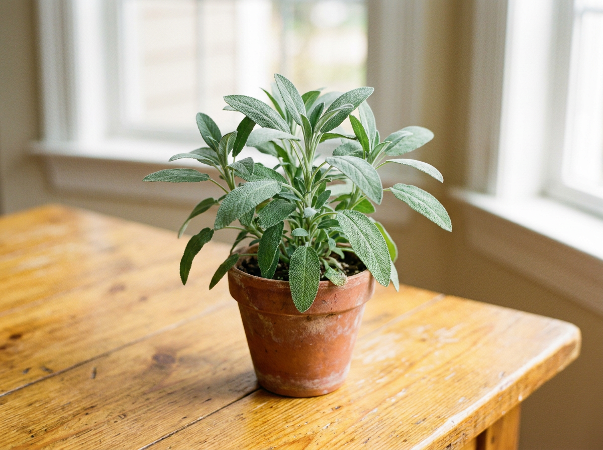 Fresh sage leaves on a wooden surface