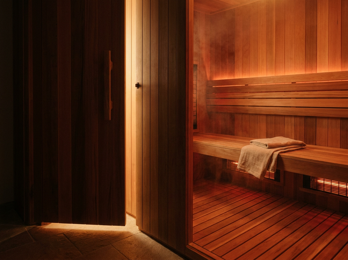Infrared sauna interior with warm cedar wood walls glowing in deep amber and red light