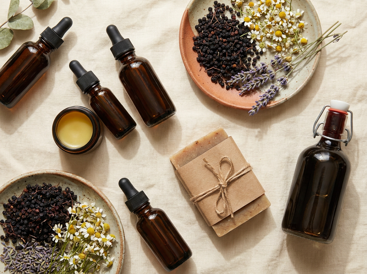 A curated selection of Rowe Casa organic products — amber bottles, herbal salves, and natural remedies