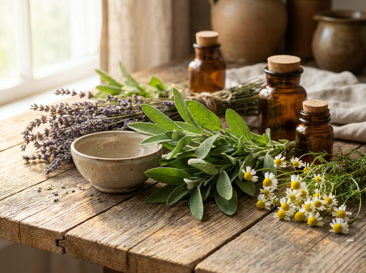 Fresh sage leaves, lavender, and chamomile on a wooden surface
