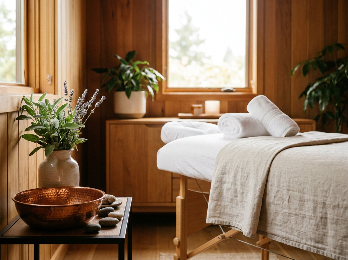 Calming spa treatment room with soft natural light and fresh herbs