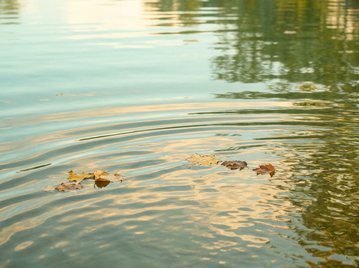 Clear water moving over smooth stones in soft morning light