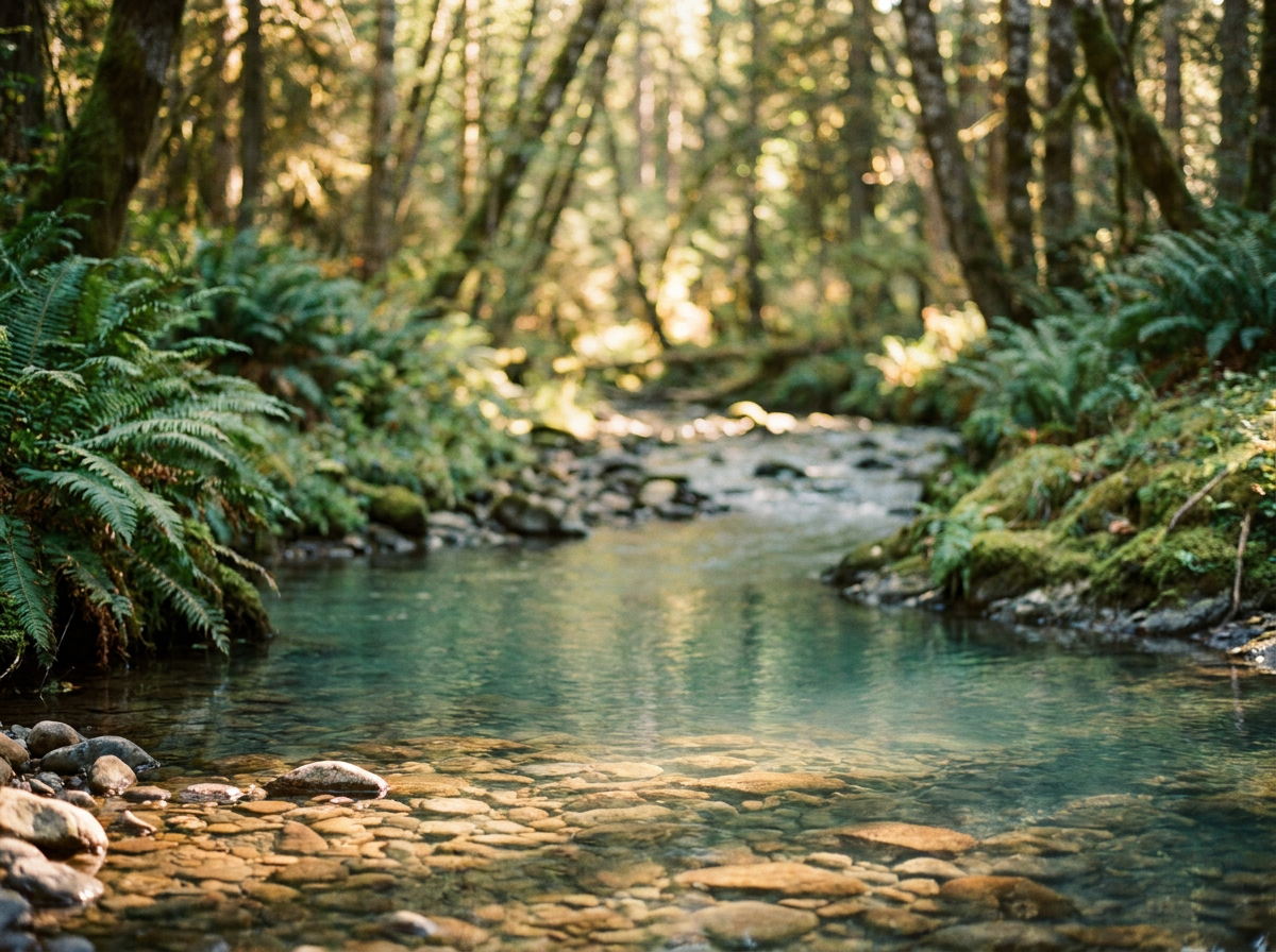 Calm forest stream with dappled light through the canopy