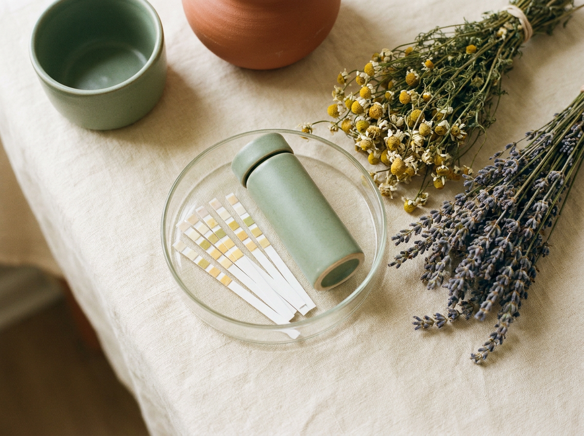 DUTCH dried urine hormone test kit with test strips and dried herbs on a cream linen surface