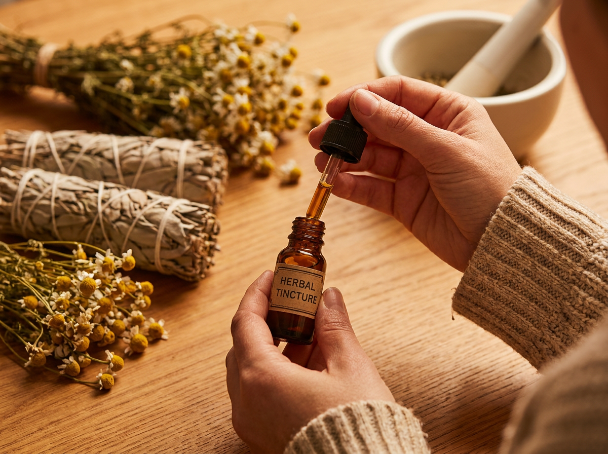 Hands holding a glass vial of herbal tincture with a dropper