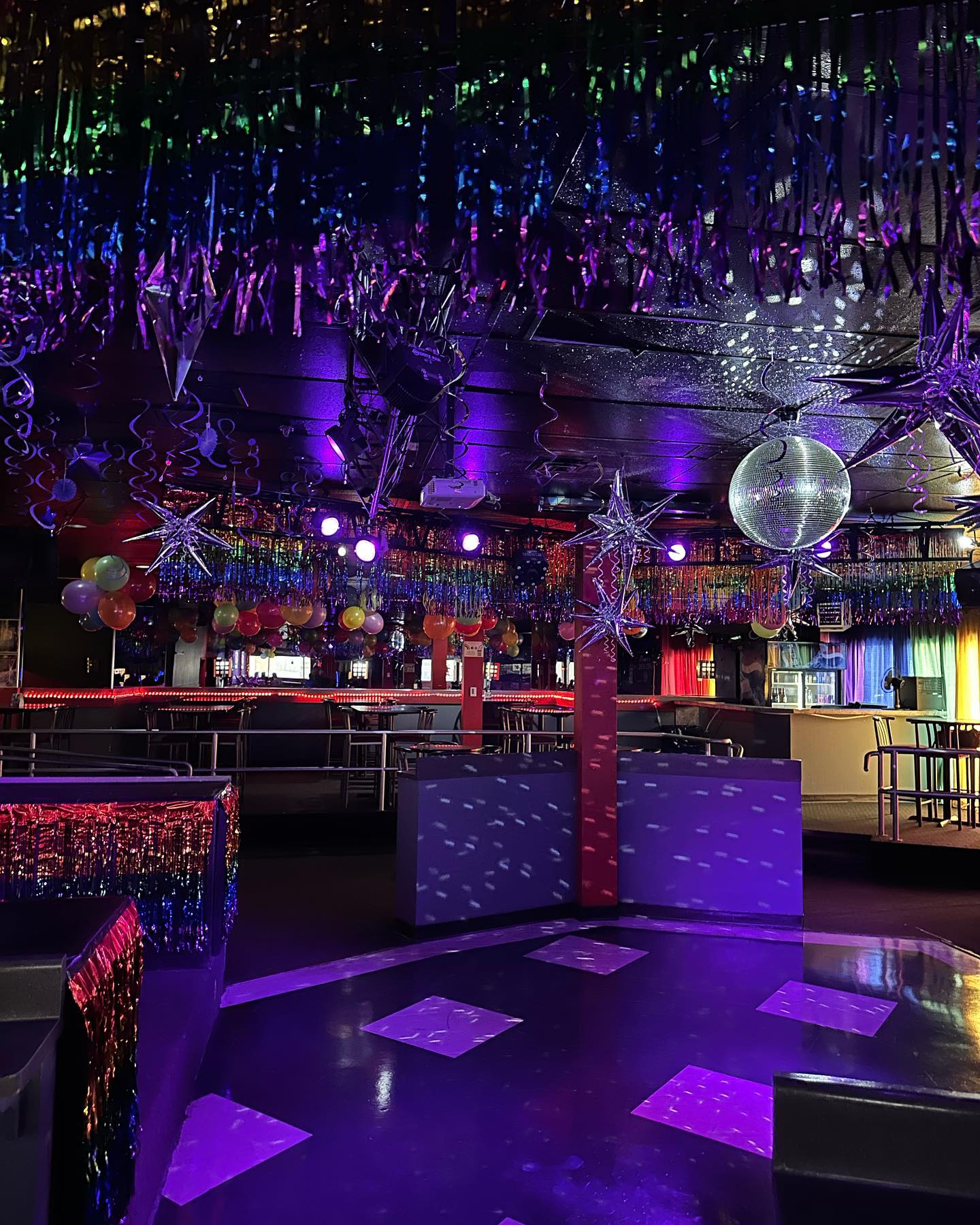 Club 200 dance floor with disco ball and decorations