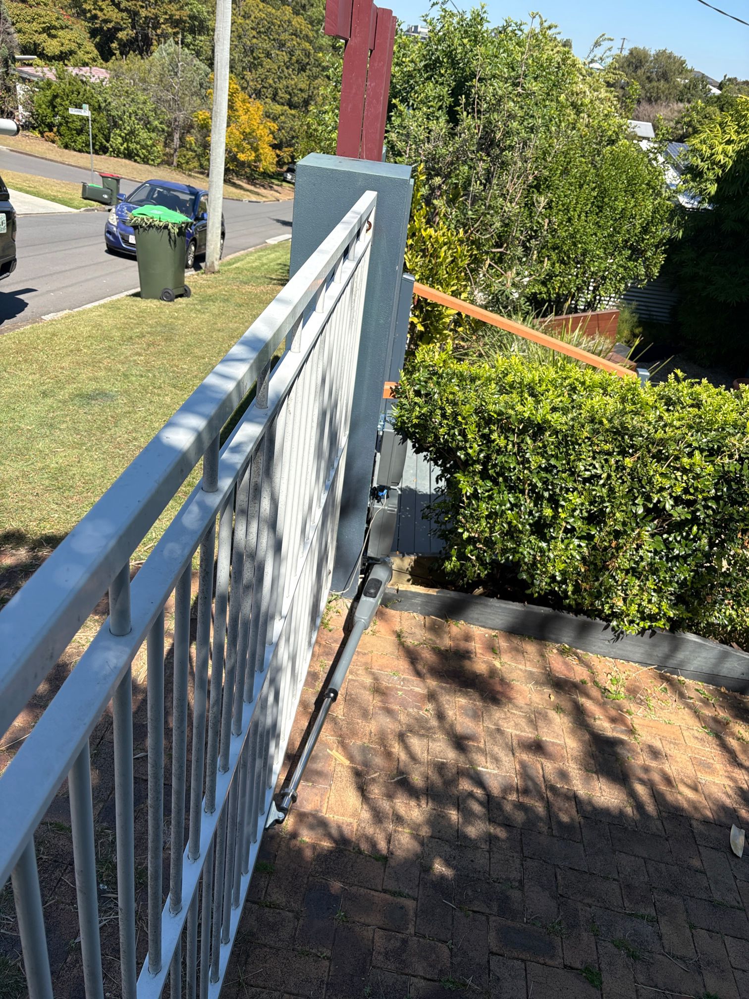 Merlin LR500 single swing gate motor installation on a residential property in Moorooka, Brisbane