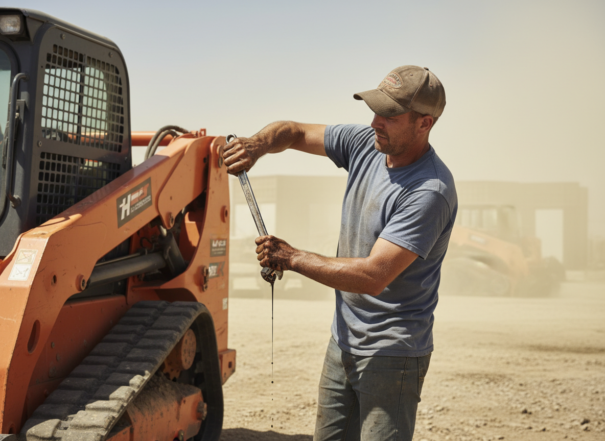 Worker using a crescent wrench to release hydraulic pressure, covered in oil