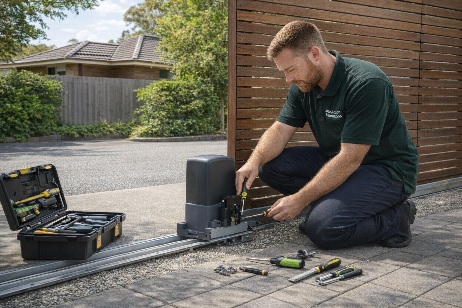 Into Action Automation technician working on a gate or garage door motor