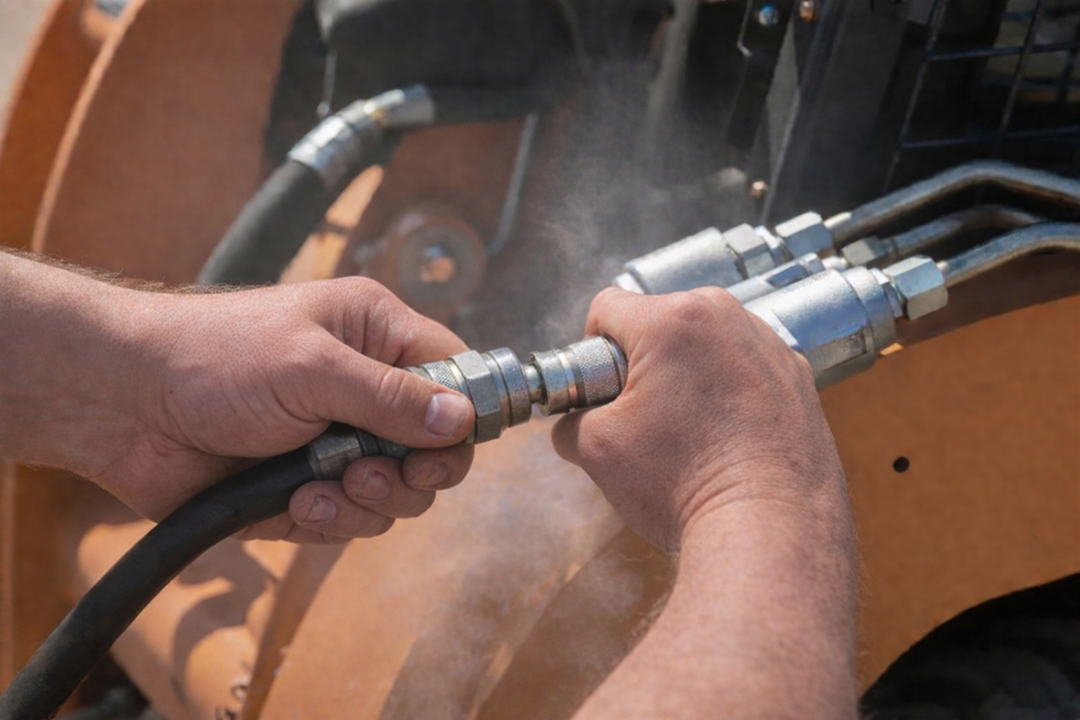 Bare hands pushing hydraulic couplers together unsuccessfully