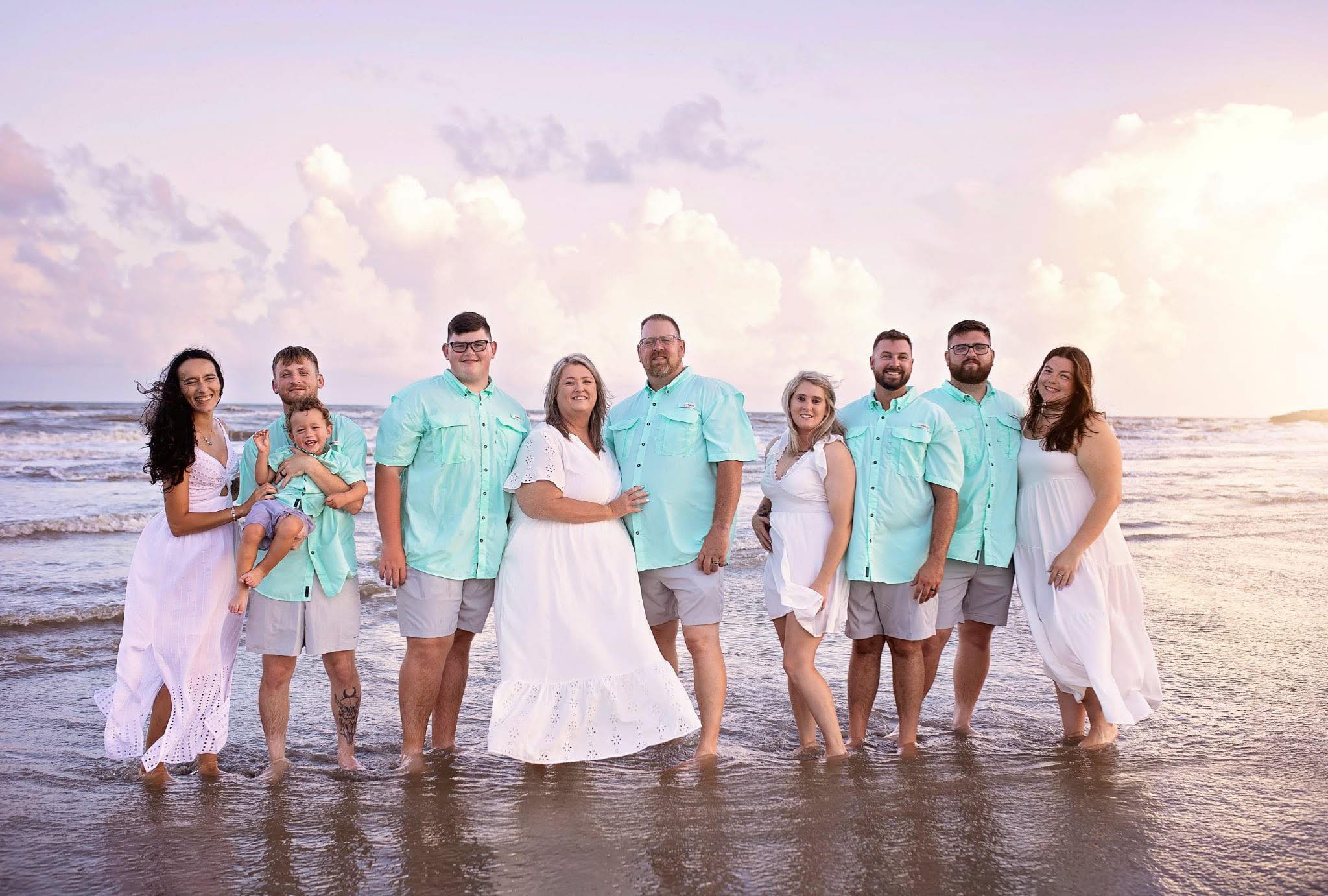 Beach family portrait at golden hour on Galveston Island