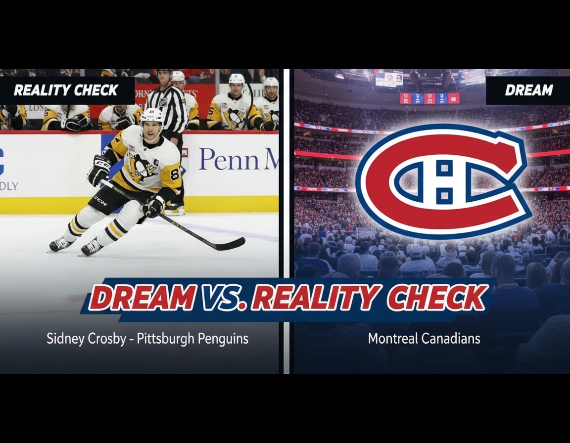 Create a split screen "Dream vs Reality Check" image using this Sidney Crosby photo on the left side, add the Montreal Canadiens logo (CH) on the right side, bold text overlay "Dream vs Reality Check" in hockey-style lettering, professional sports design layout, dramatic contrast between the reality (Crosby in Penguins uniform) and the dream (Canadiens logo)