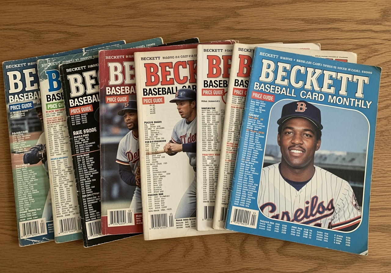 Stack of vintage Beckett Baseball Card Monthly price guide magazines from the 1980s and 1990s. Show multiple issues with classic Beckett covers featuring baseball players, price guide listings visible on covers, worn edges from use, classic magazine design from the pre-internet era. Nostalgic collector reference materials that collectors used to rely on for card pricing information.