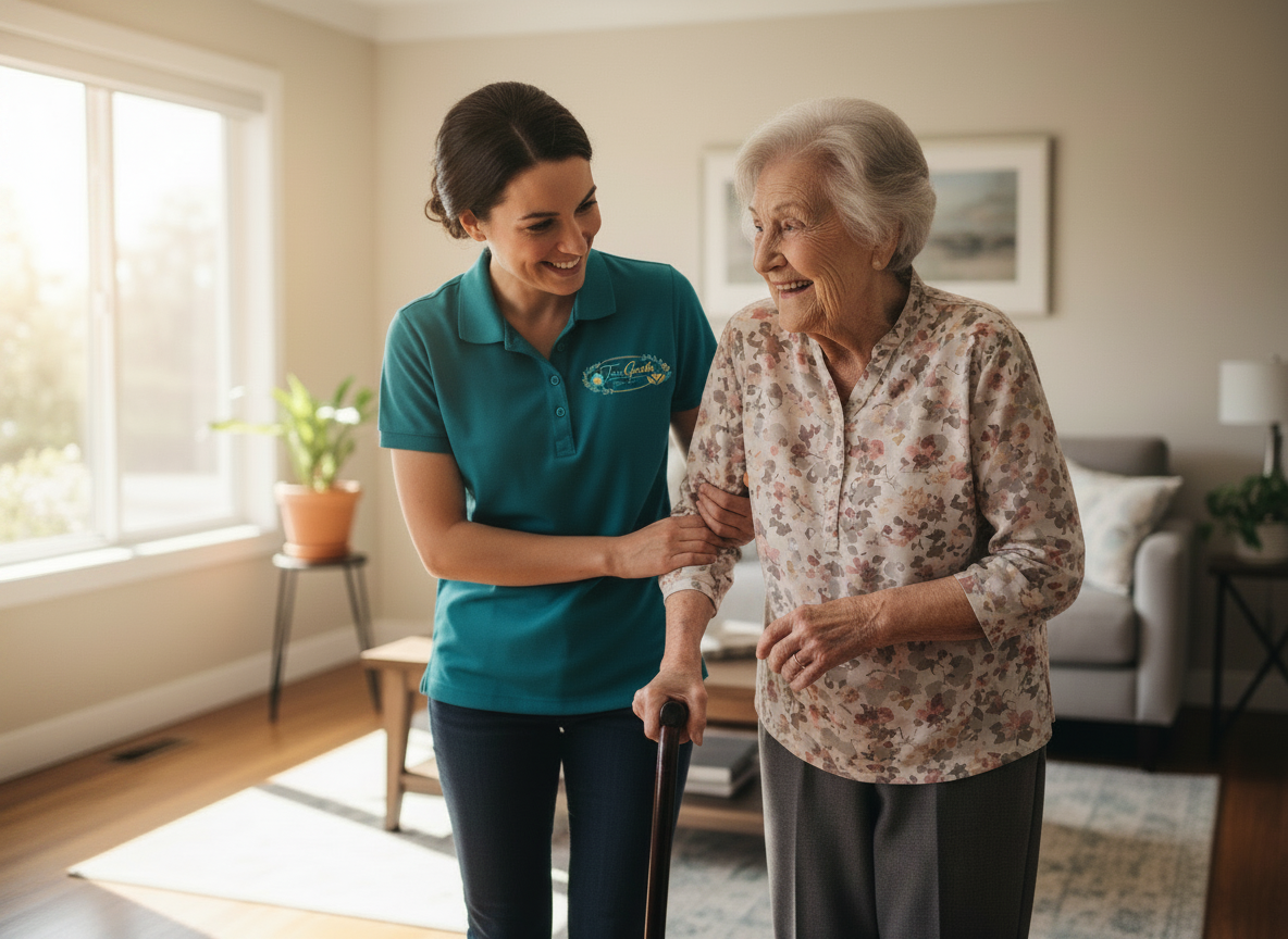 True Gentle Home Care caregiver in branded uniform helping elderly client walk in living room