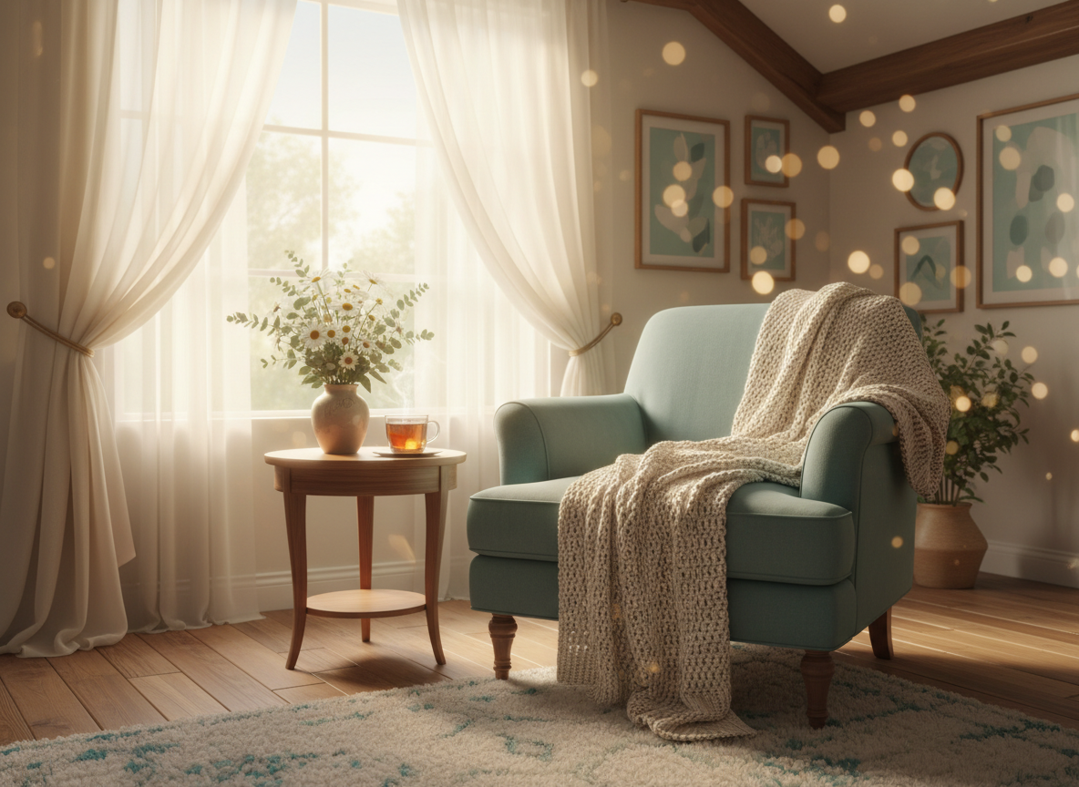 Warm cozy home interior with golden light
