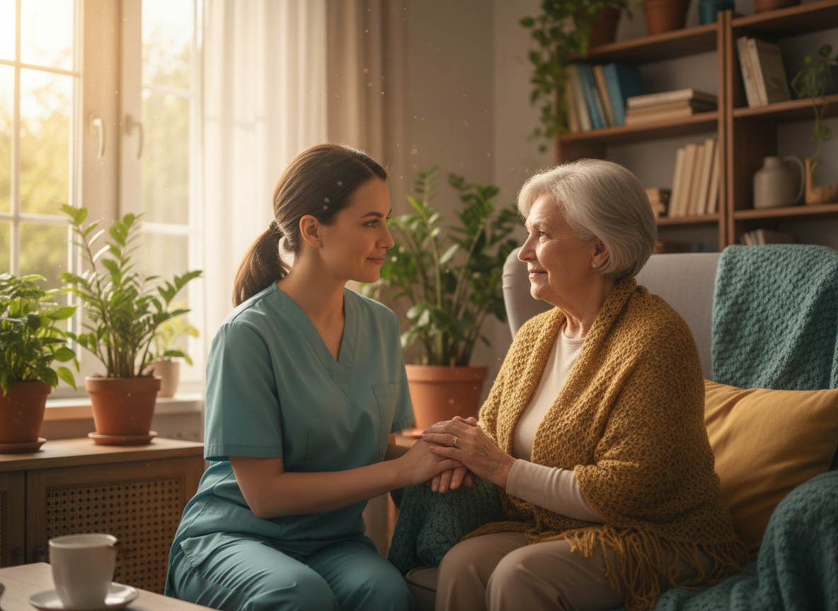 Compassionate caregiver with elderly client