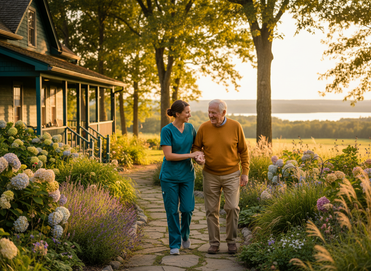 Caregiver helping elderly person in garden