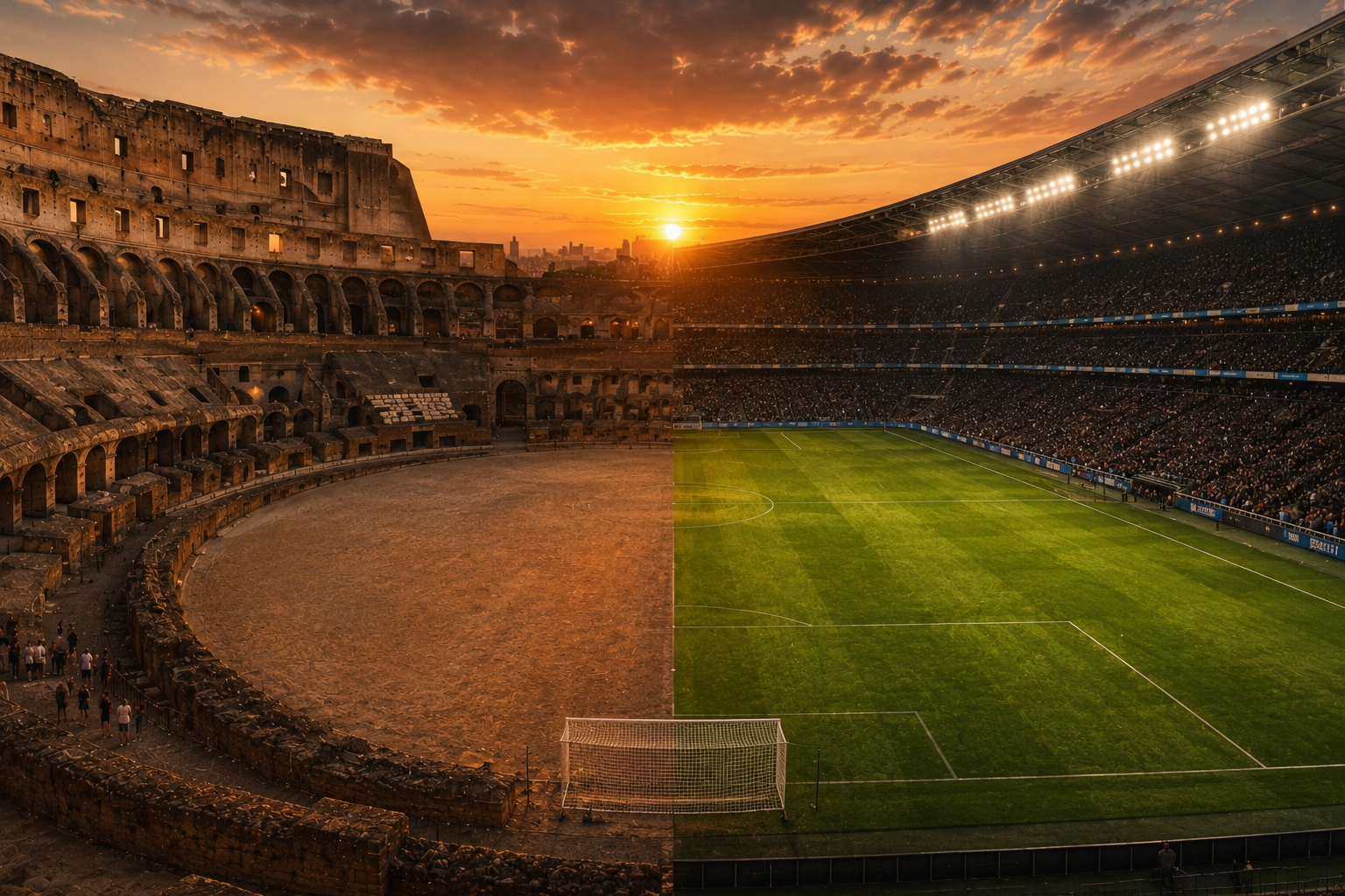Colosseum meets soccer stadium at sunset