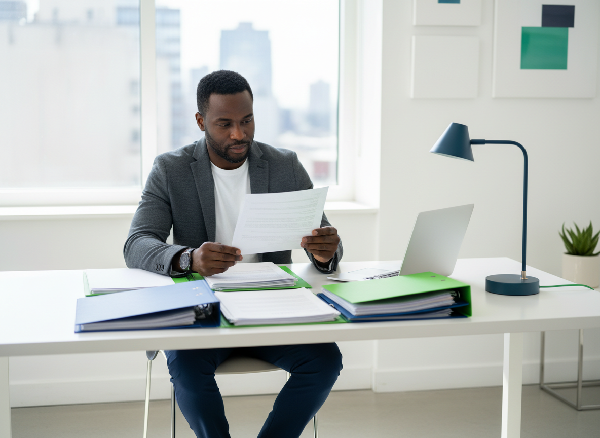 Black male business owner reviewing legal documents and contracts at a clean modern desk