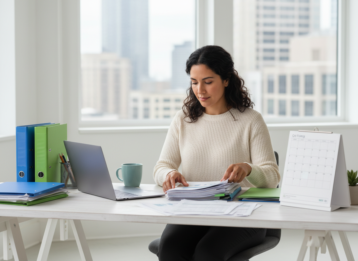 Latina female business owner organizing tax documents and financial records at a clean modern desk