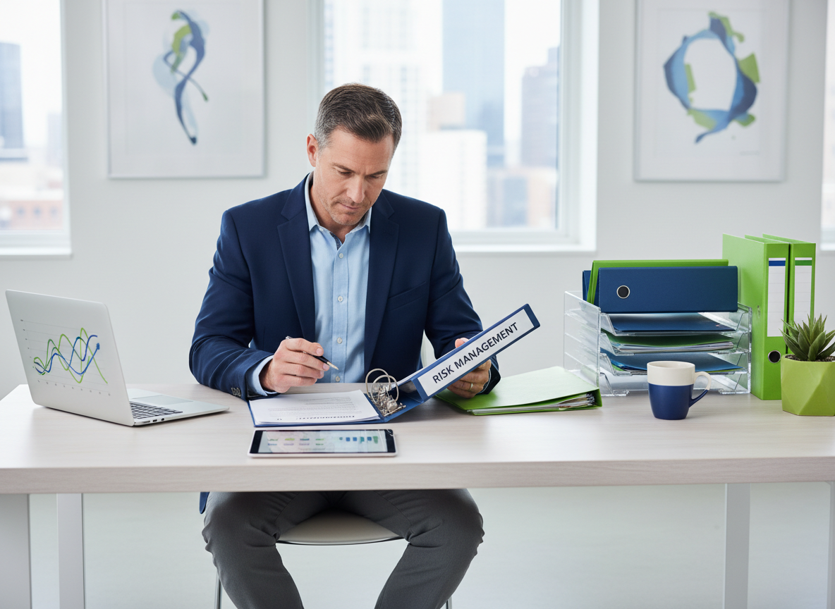 White male business owner reviewing risk management documents and insurance policies at a modern organized desk