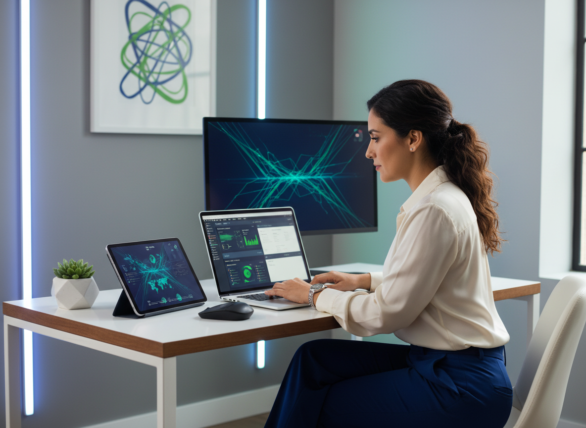 Latina female business owner reviewing technology tools and software dashboards on a laptop at a clean modern desk