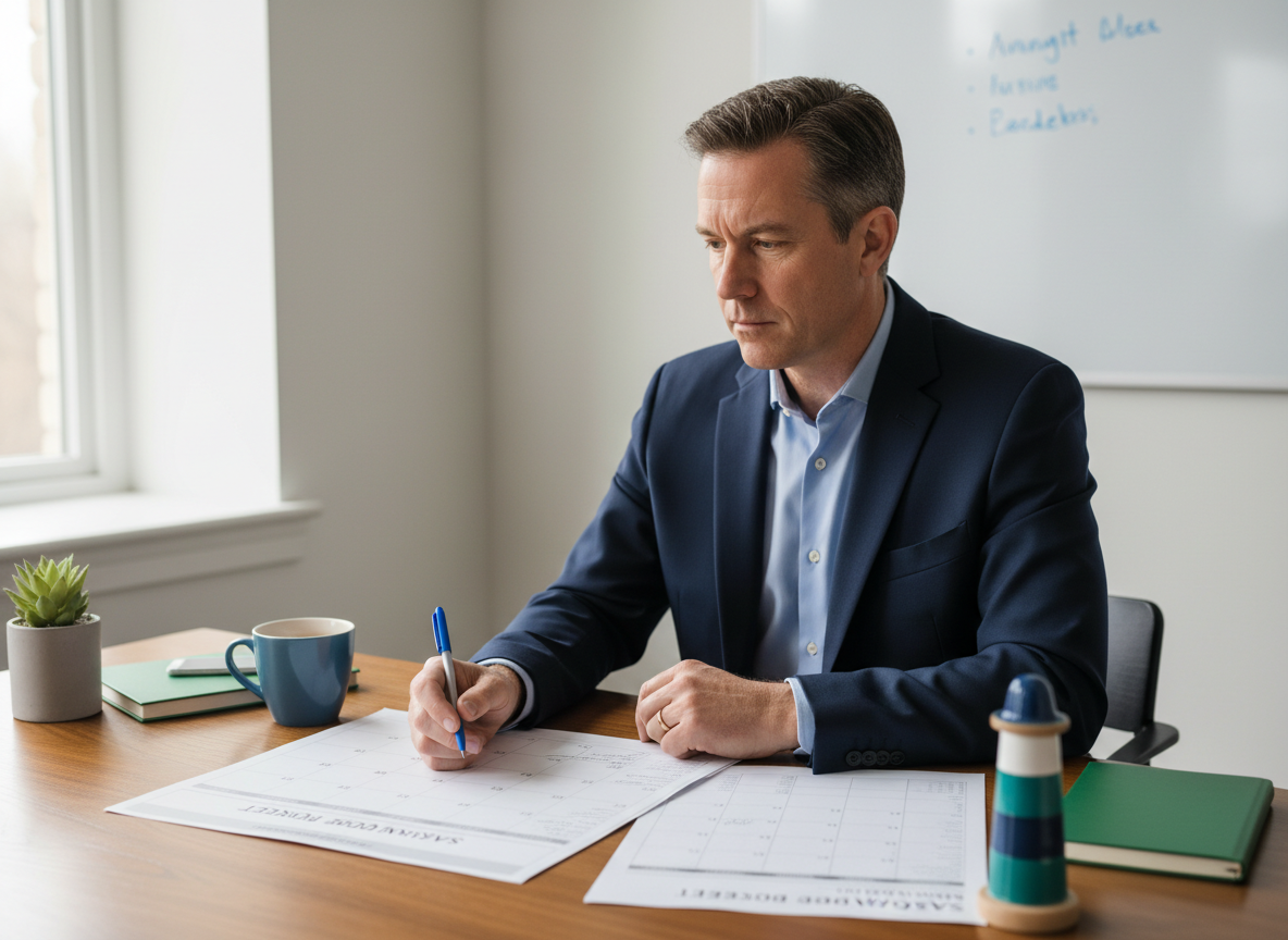 White male business owner planning ahead with a calendar and seasonal budget worksheet at a calm organized desk