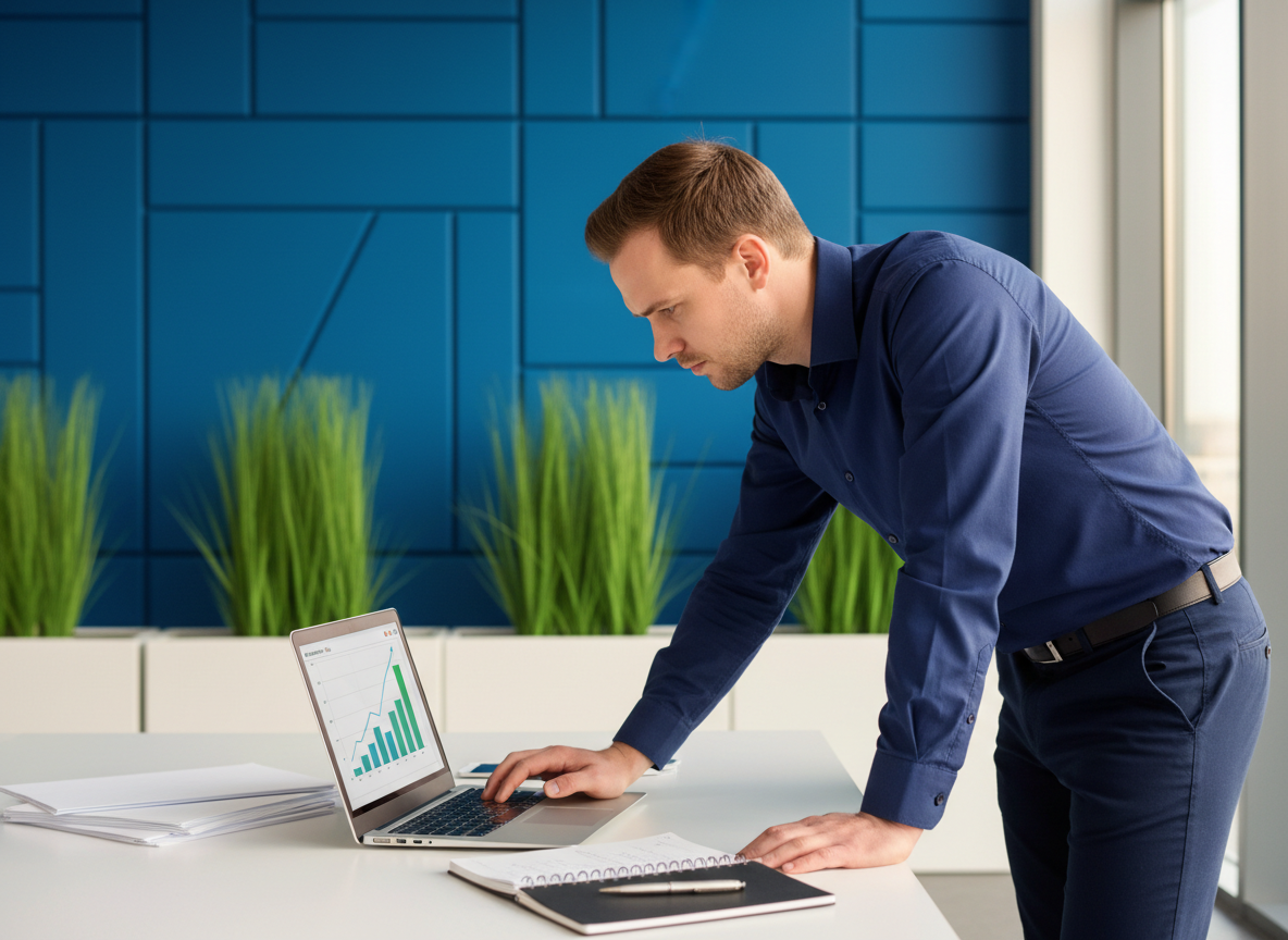 White male business owner reviewing cash flow chart on laptop with Lighthouse brand colors