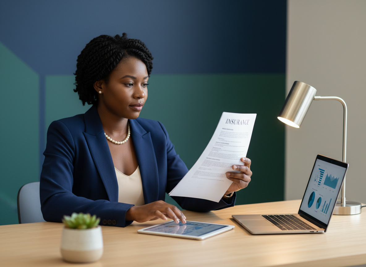 Black female small business owner reviewing insurance documents at a modern desk