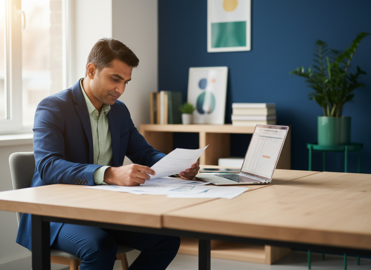 South Asian male business owner reviewing equipment purchase records and financial documents at a modern desk