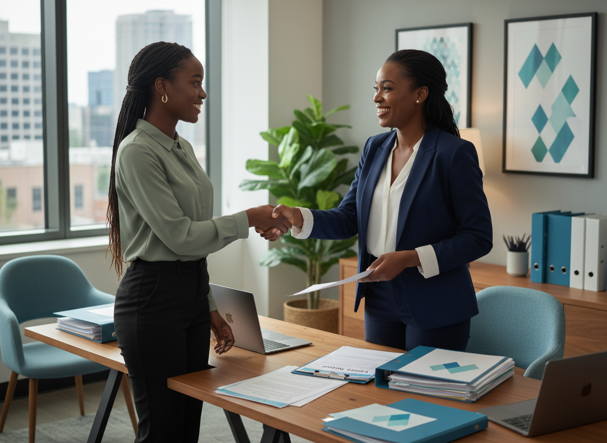 Black female business owner welcoming a new employee into a bright organized office