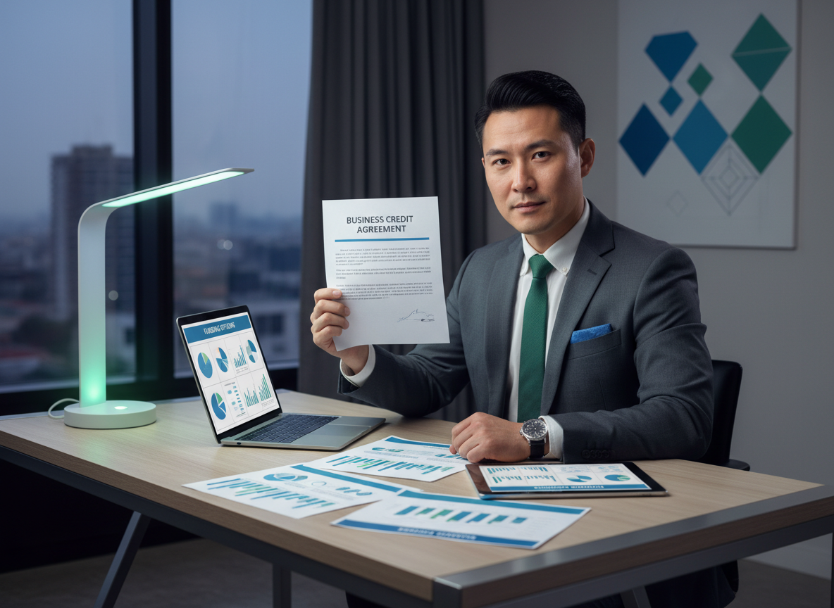 East Asian male business owner reviewing business credit documents and funding options at a modern desk