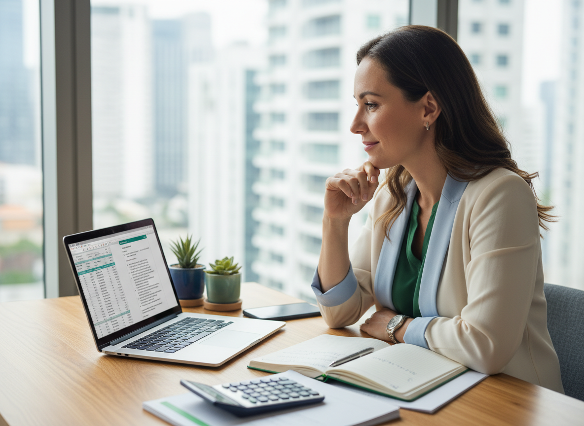 White female business owner reviewing a business budget worksheet and financial plan at a clean organized desk