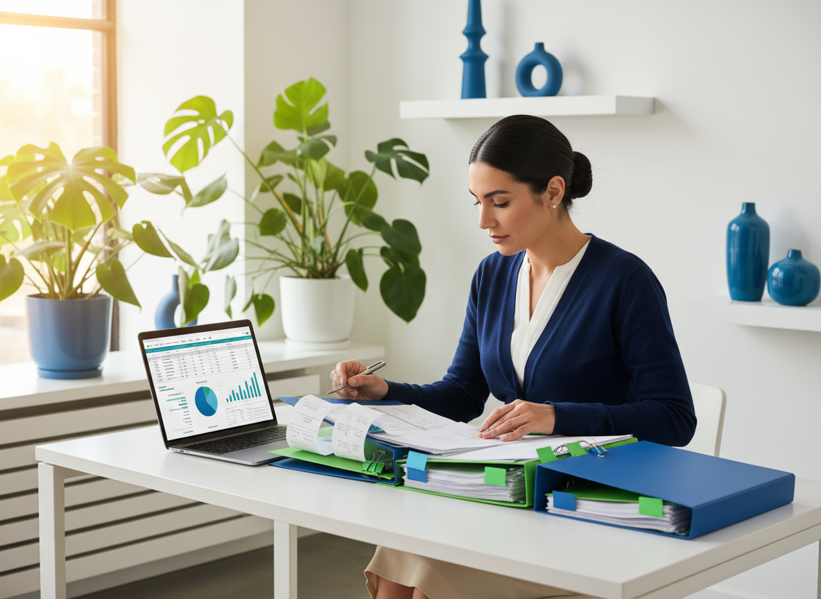 Middle Eastern female business owner reviewing receipts and expense folders with Lighthouse brand colors