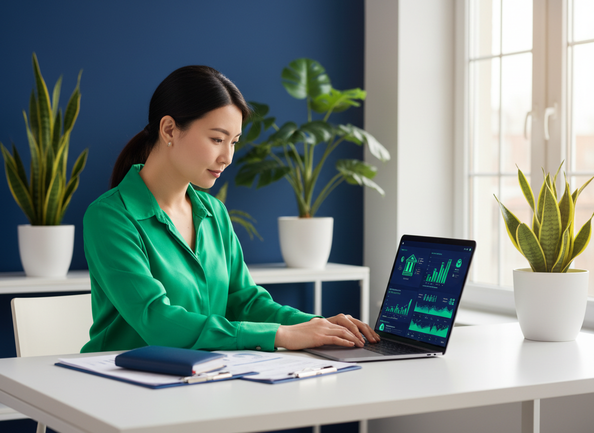 East Asian female business owner reviewing bank account dashboards with Lighthouse brand colors