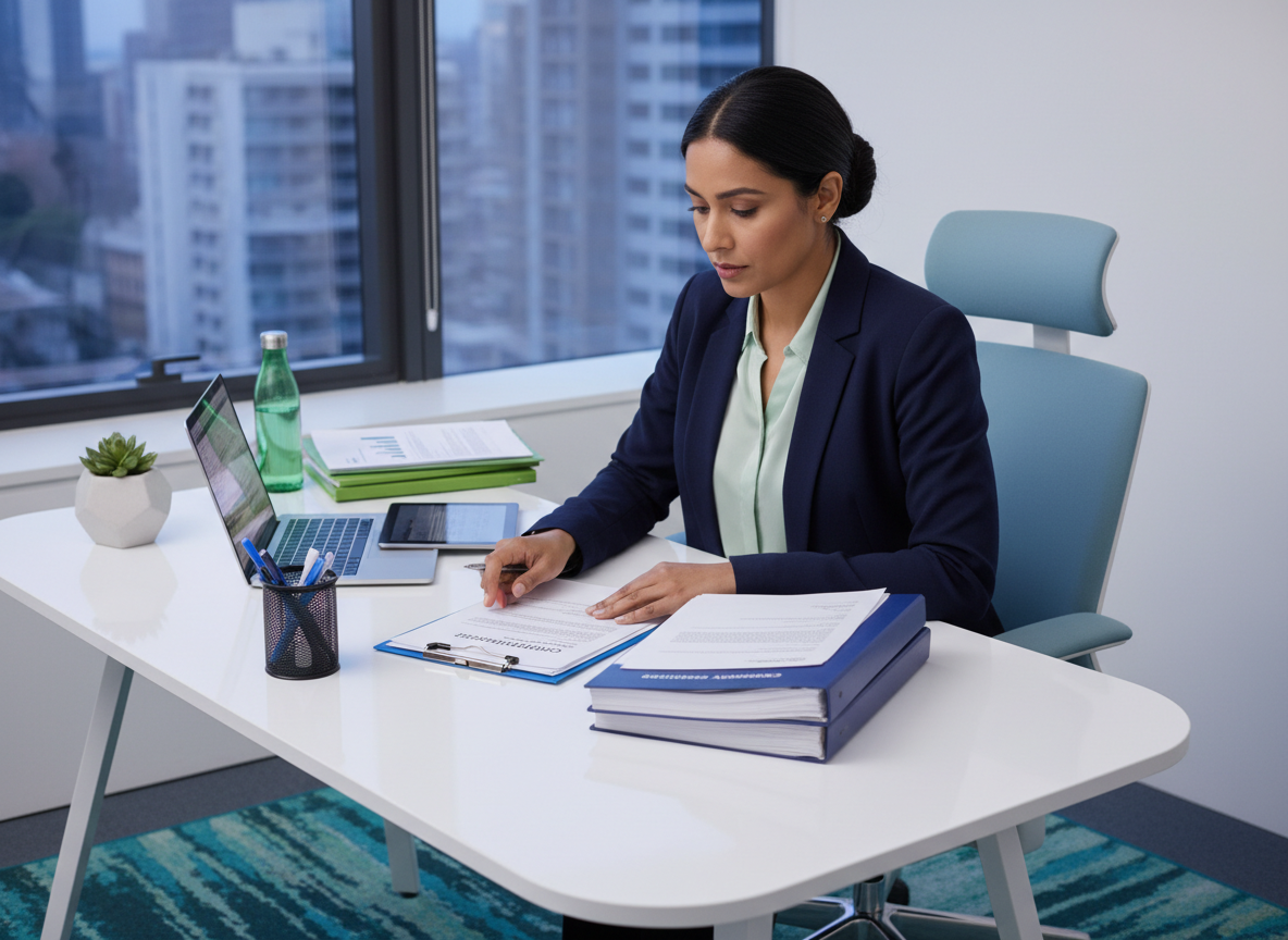 South Asian female business owner reviewing contractor agreements and compliance documents at a clean modern desk