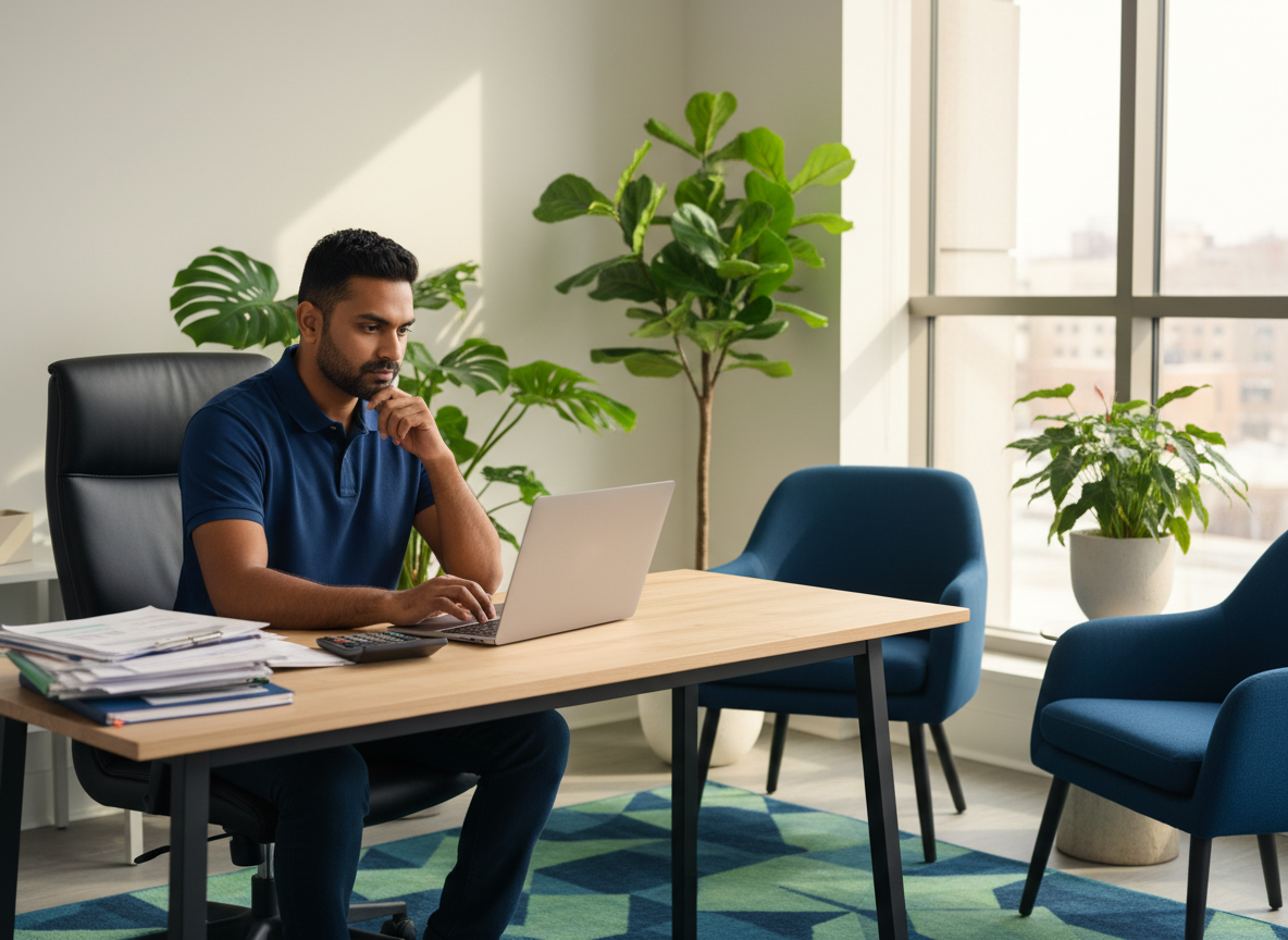 South Asian male business owner reviewing payroll reports on laptop with Lighthouse brand colors