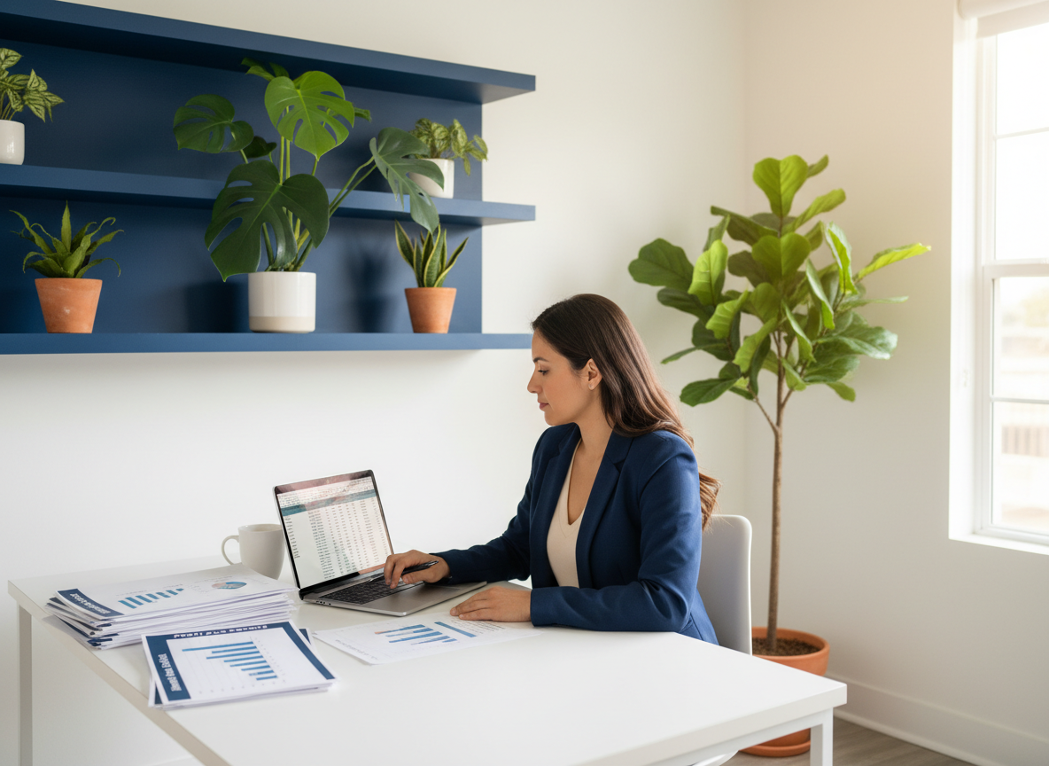 Latina female business owner reviewing bookkeeping reports with Lighthouse brand colors